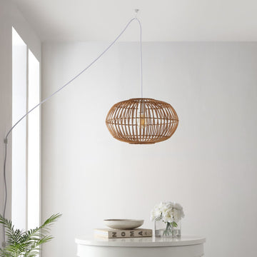Leo 17.5" Farmhouse Coastal Rattan 180" Cord Plug-In or Hardwired LED Pendant - JONATHAN Y